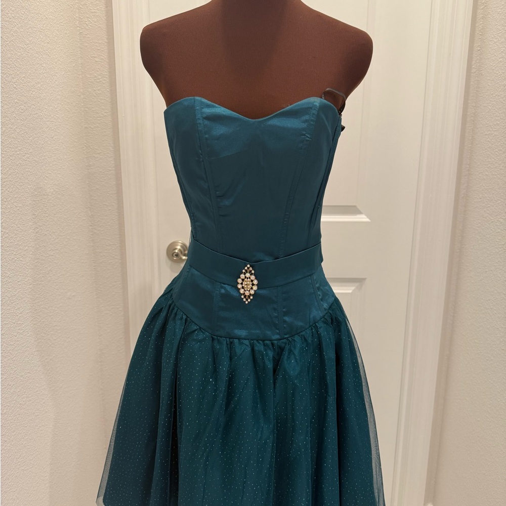 Teal Strapless Dress with Rhinestone Detail